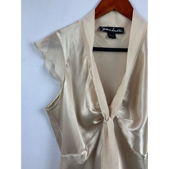 Susan Lucci Medium Satin Beige Blouse With Tie Front & Cap Sleeves - Picture 4 of 5